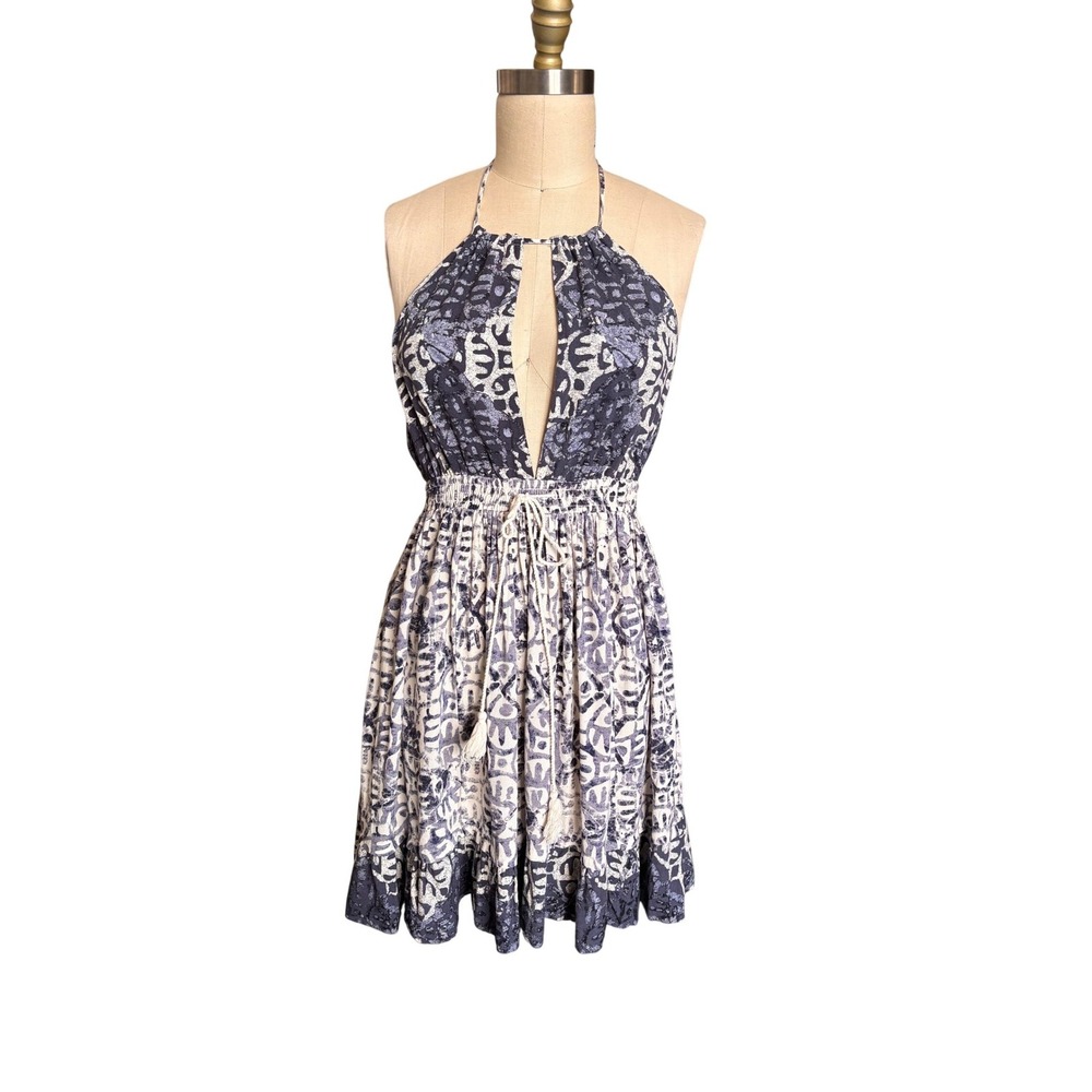 Free People Halter Mini Dress Womens Medium Blue White Excellent Batik Print